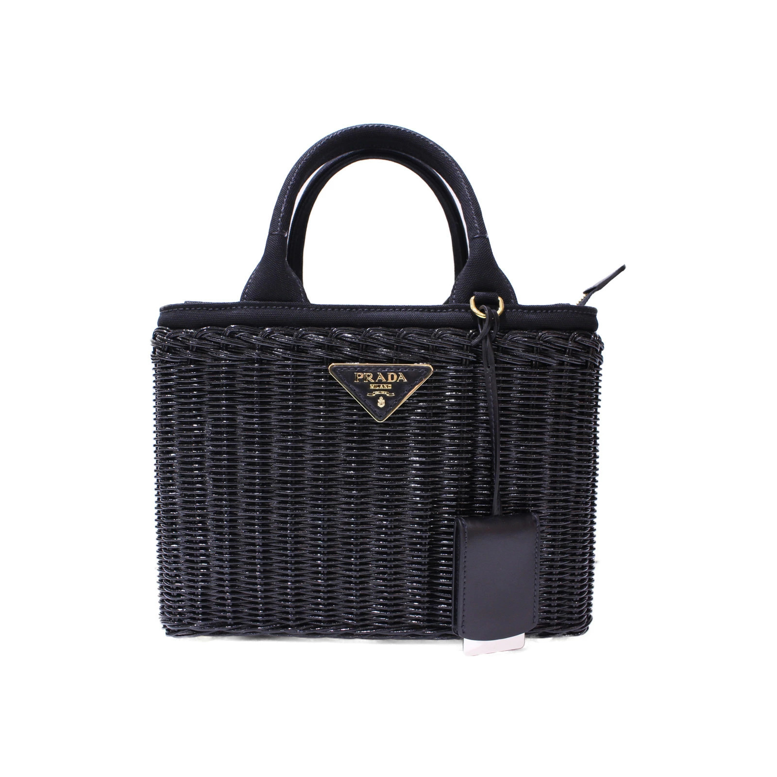 Prada Basket Bag Wicker Canvas Black Handbag Shoulder Mirror Strap